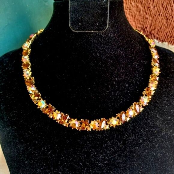 VTG SIGNED TRIFARI AB TOPAZ RHINESTONE GOLD TONE NECKLACE w/tags box 1960 - Picture 13 of 16